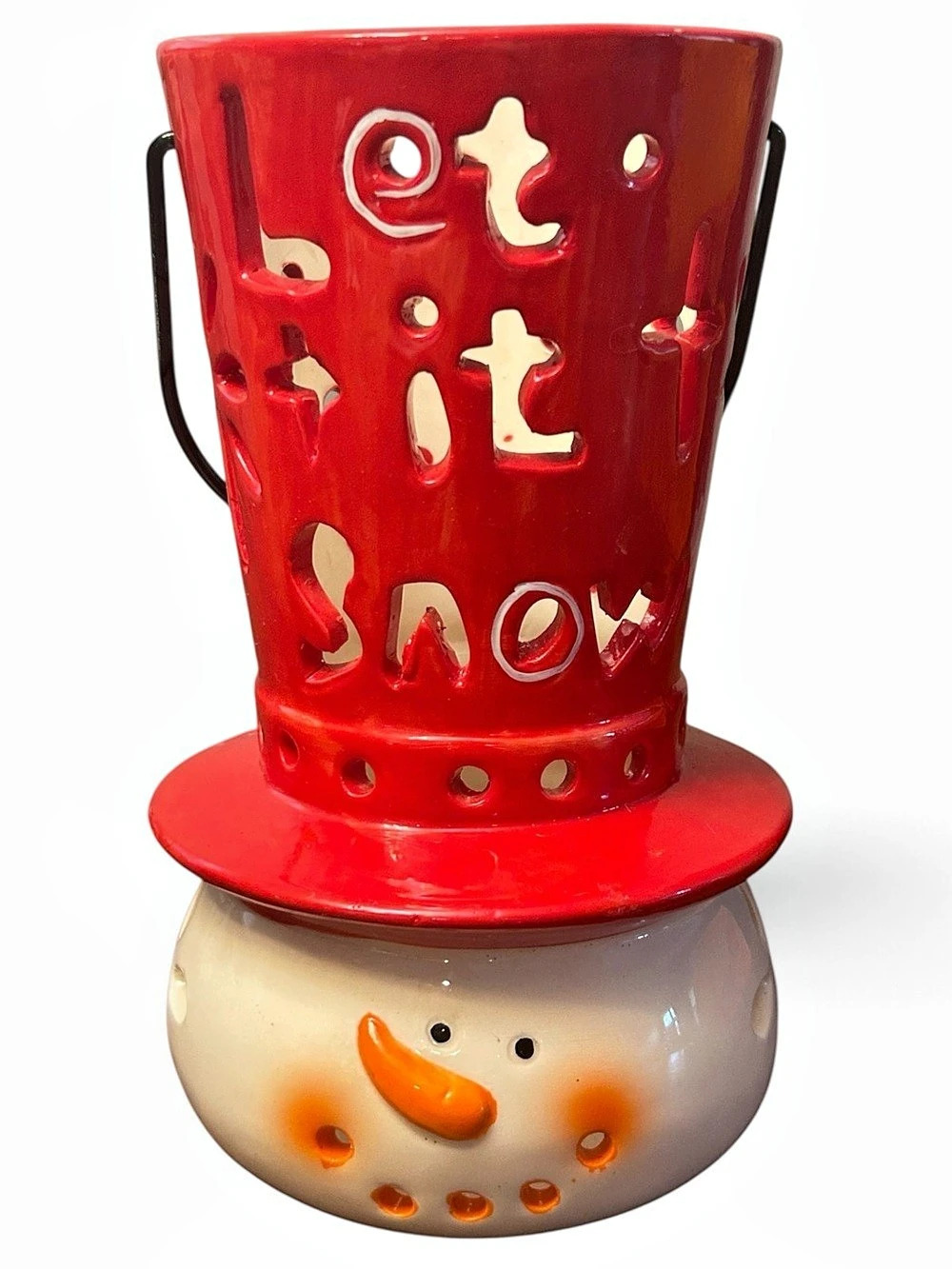Let It Snow Ceramic Snowman Head 9” Tea Light Holder Festive Holiday Whimsy